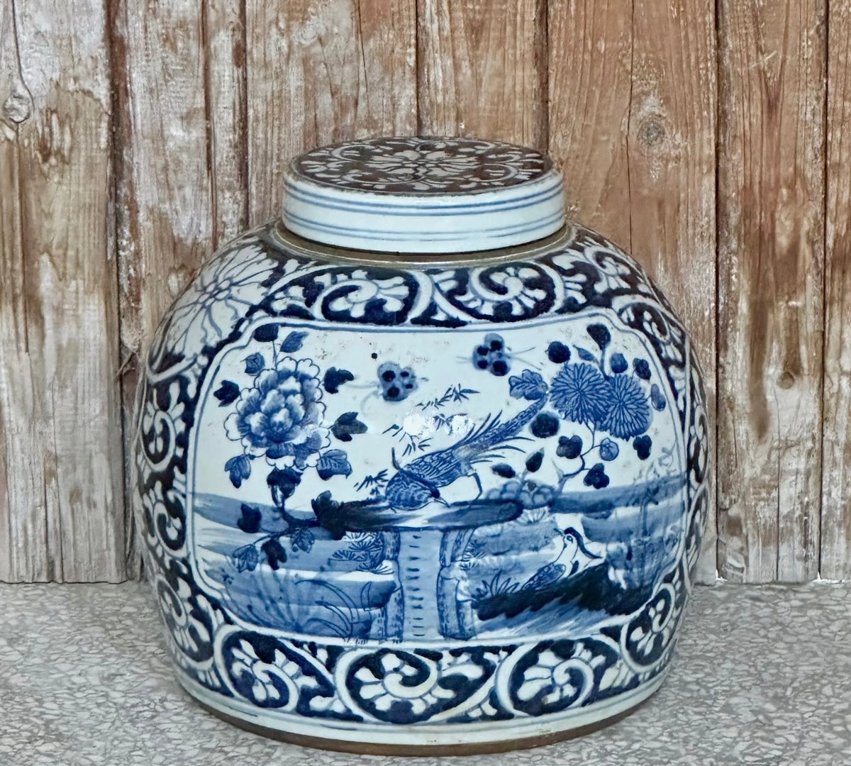 Blue and White Porcelain Pheasant Lidded Round Storage Jar
